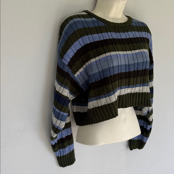 Le Lis green blue stripe stretch ribbed knit cropped long sleeve sweater small - Picture 7 of 14